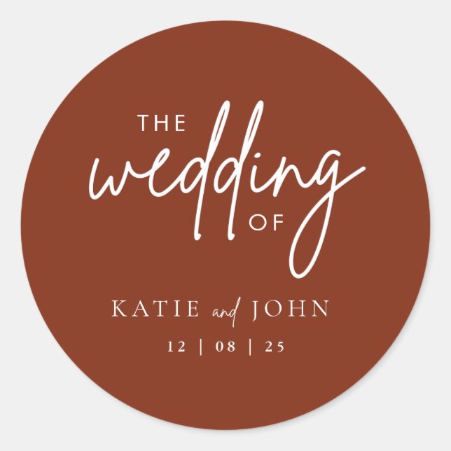 Modern Minimalist Calligraphy Terracotta Wedding Classic Round Sticker (Front)