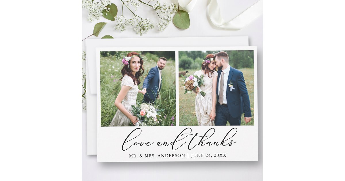 Modern Minimalist Calligraphy Wedding 2 Photo Love Thank You Card | Zazzle