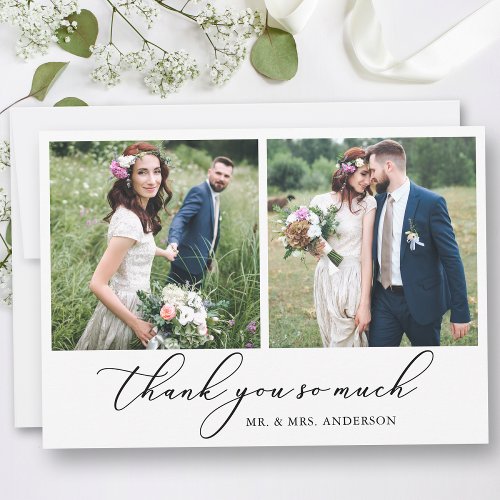 Modern Minimalist Calligraphy Wedding 2 Photos Thank You Card