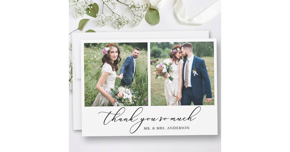Modern Minimalist Calligraphy Wedding 2 Photos Thank You Card | Zazzle