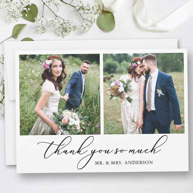 Modern Minimalist Calligraphy Wedding 2 Photos Thank You Card | Zazzle