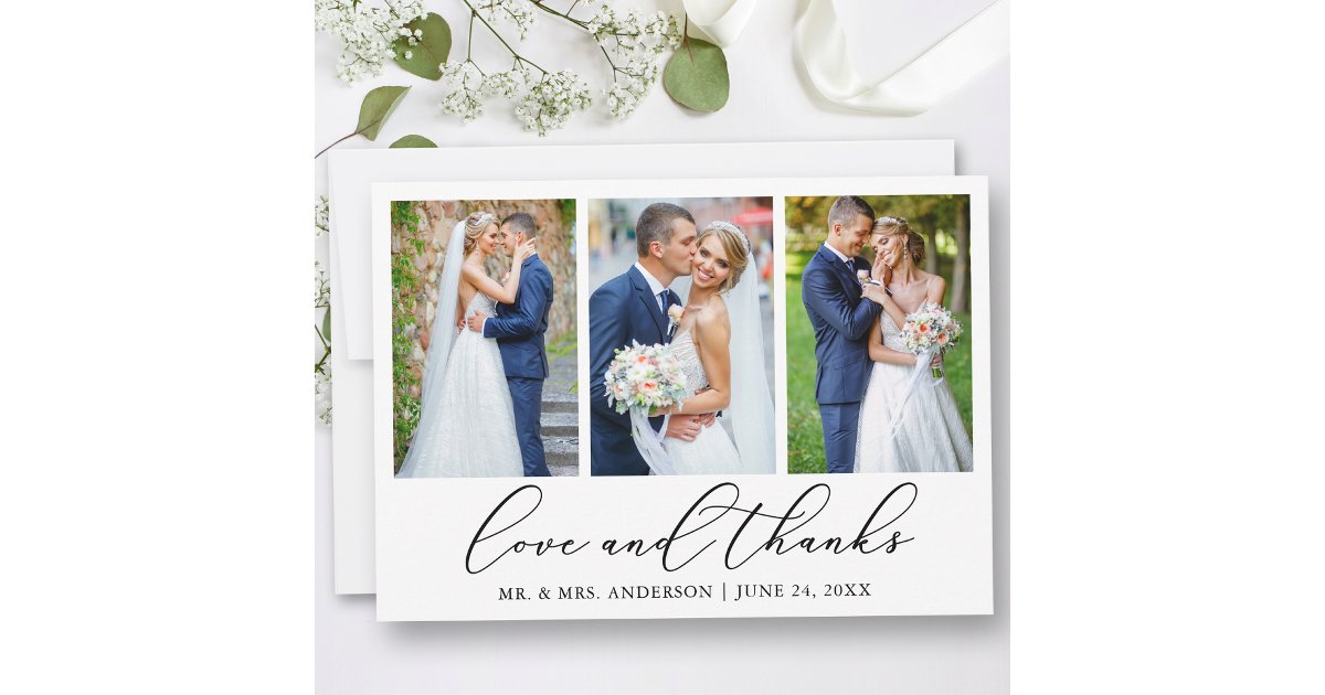 Modern Minimalist Calligraphy Wedding 3 Photo Love Thank You Card | Zazzle