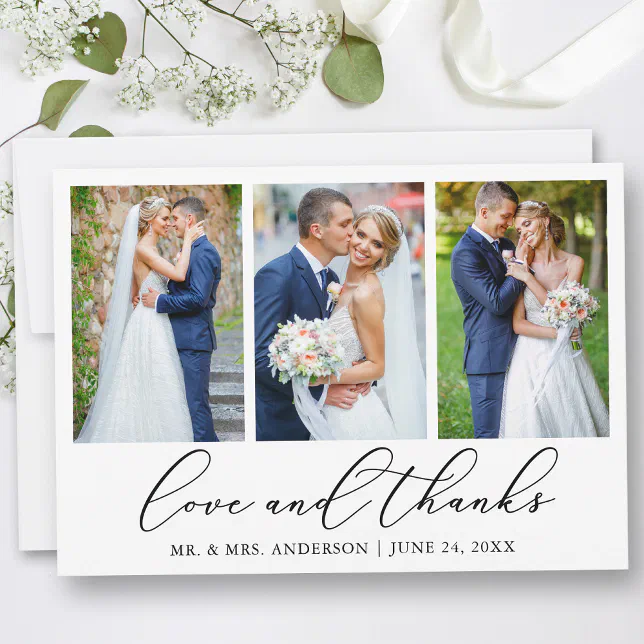 Modern Minimalist Calligraphy Wedding 3 Photo Love Thank You Card | Zazzle