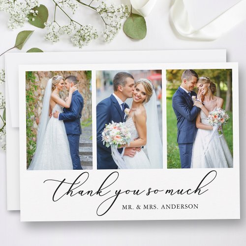 Modern Minimalist Calligraphy Wedding 3 Photos Thank You Card