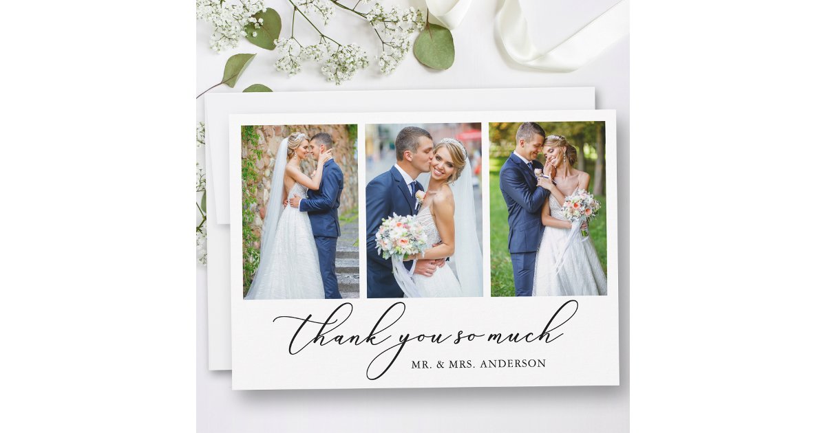 Modern Minimalist Calligraphy Wedding 3 Photos Thank You Card | Zazzle