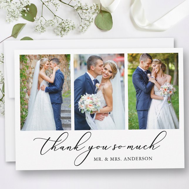 Modern Minimalist Calligraphy Wedding 3 Photos Thank You Card (Customize to add text or more photos to back of card.)