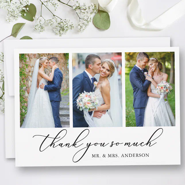 Modern Minimalist Calligraphy Wedding 3 Photos Thank You Card | Zazzle