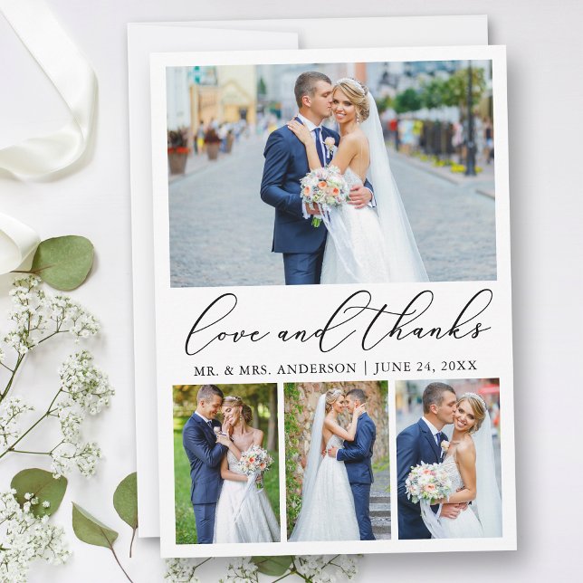 Modern Minimalist Calligraphy Wedding 4 Photo Love Thank You Card (Customize to add text or more photos to back of card.)