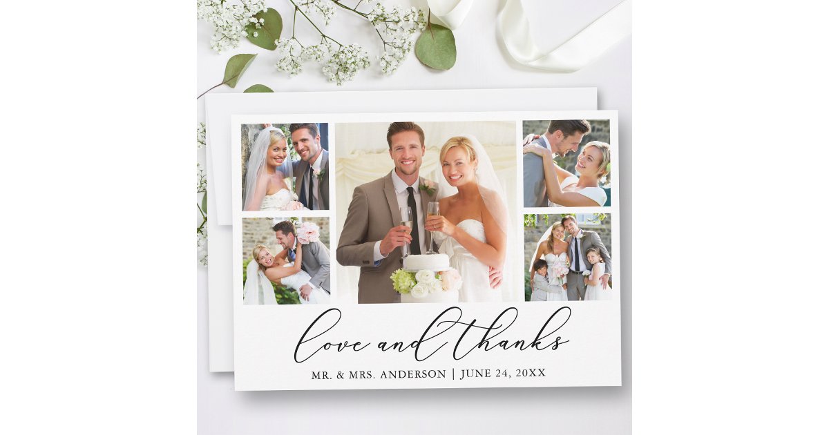 Modern Minimalist Calligraphy Wedding 5 Photo Love Thank You Card | Zazzle