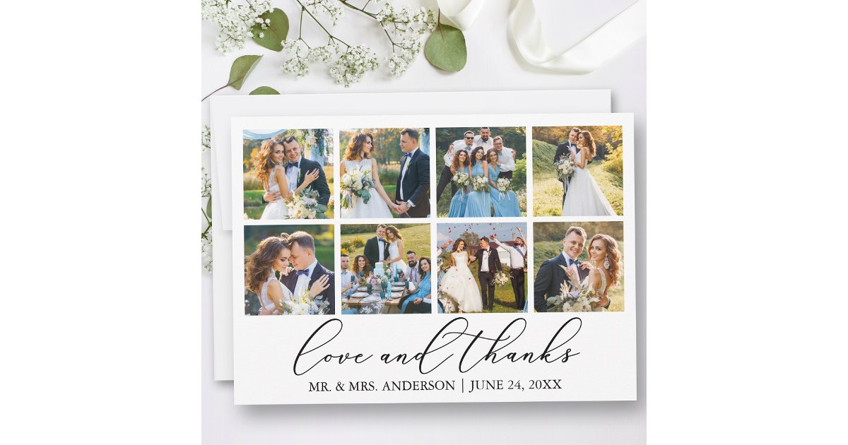 Modern Minimalist Calligraphy Wedding 8 Photo Love Thank You Card | Zazzle
