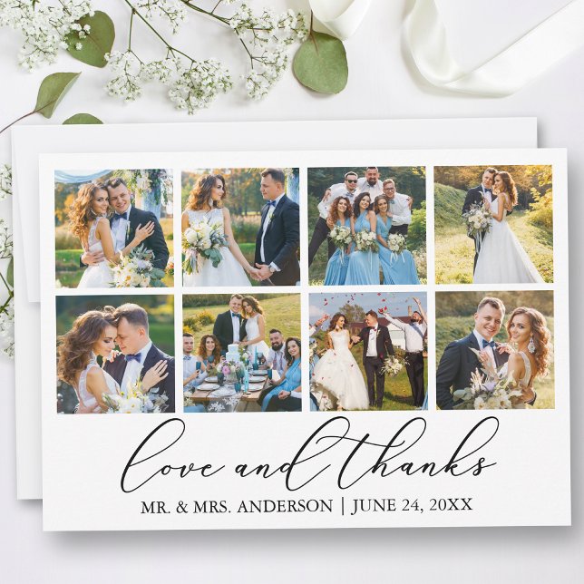Modern Minimalist Calligraphy Wedding 8 Photo Love Thank You Card (Customize to add text or more photos to back of card.)