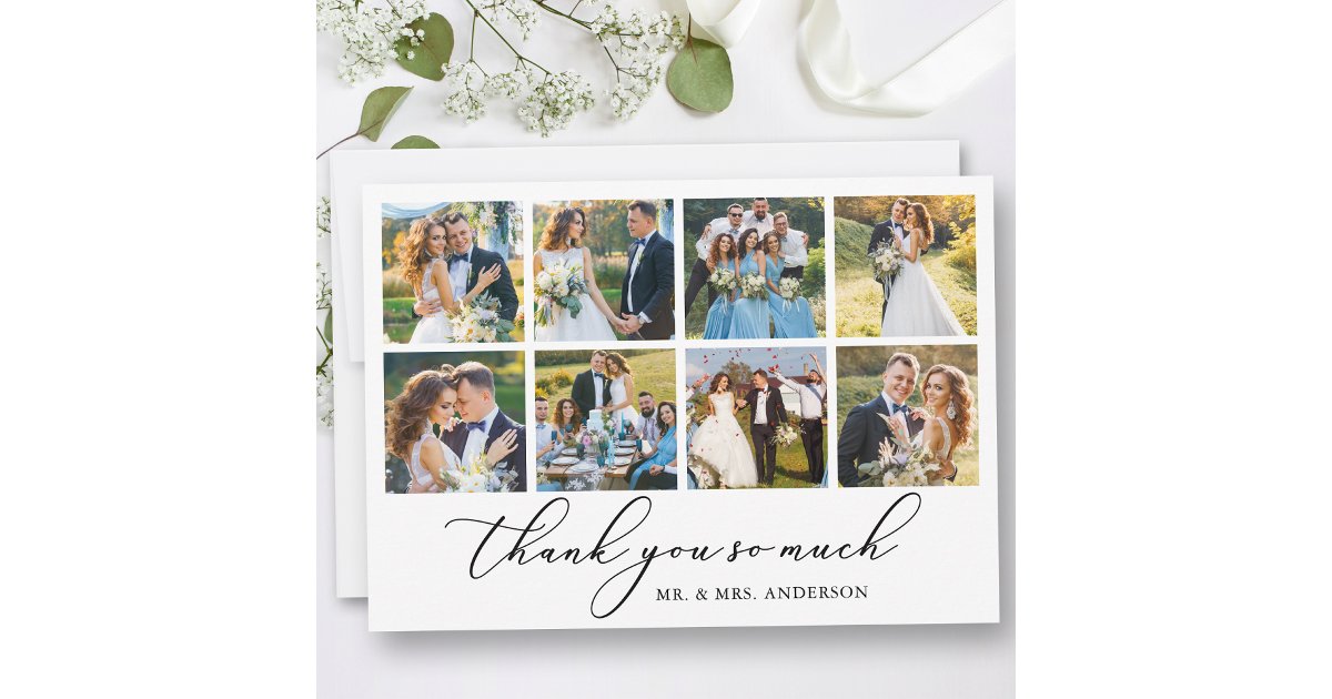 Modern Minimalist Calligraphy Wedding 8 Photos Thank You Card | Zazzle