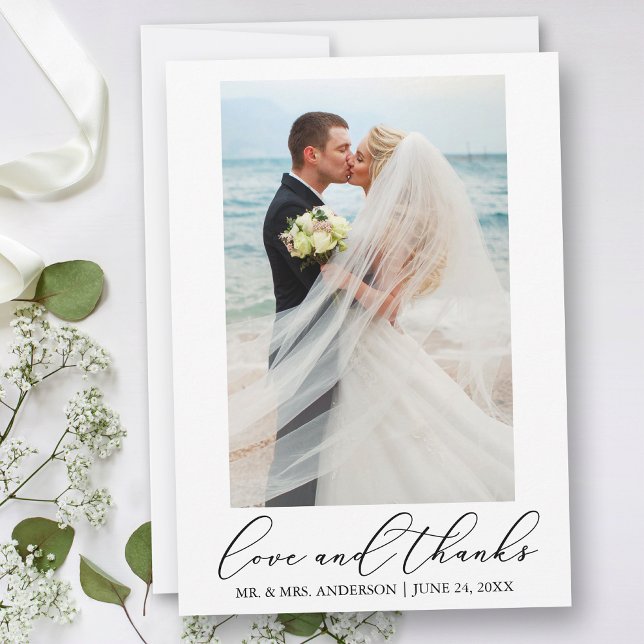 Modern Minimalist Calligraphy Wedding Photo Love Thank You Card (Customize to add text or more photos to back of card.)