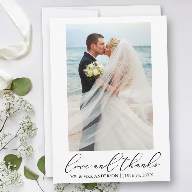 Modern Minimalist Calligraphy Wedding Photo Love Thank You Card | Zazzle