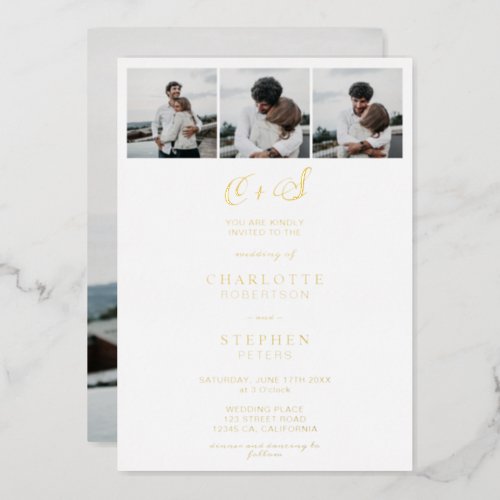 Modern minimalist casual initials 4 photos wedding foil invitation