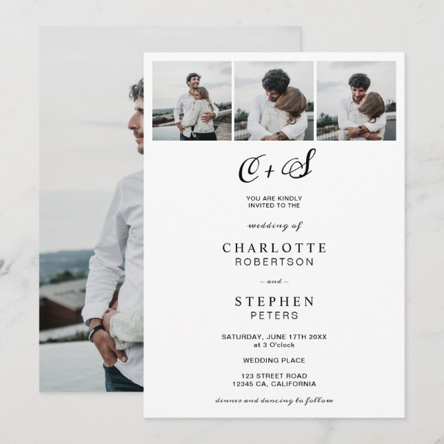 Modern minimalist casual initials 4 photos wedding invitation (Front/Back)