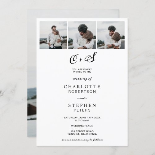 Modern minimalist casual initials 4 photos wedding invitation