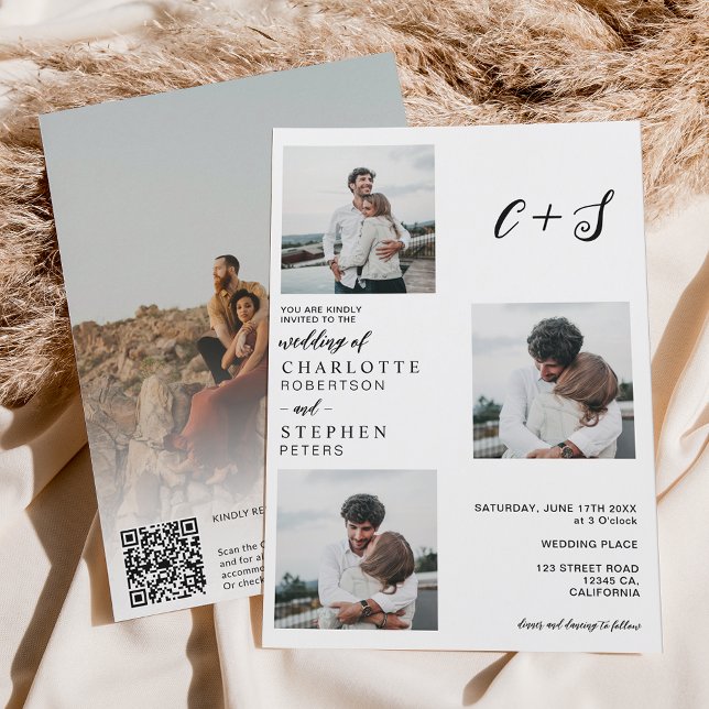 Modern minimalist casual initials 4 photos wedding invitation (Creator Uploaded)