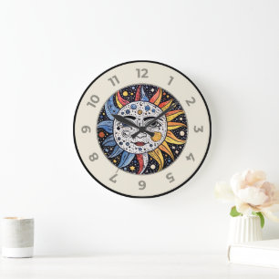 Modern Minimalist Celestial Sun Moon Monogram Large Clock