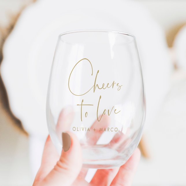 Modern Minimalist Cheers to Love Wedding Favor Stemless Wine Glass (Creator Uploaded)
