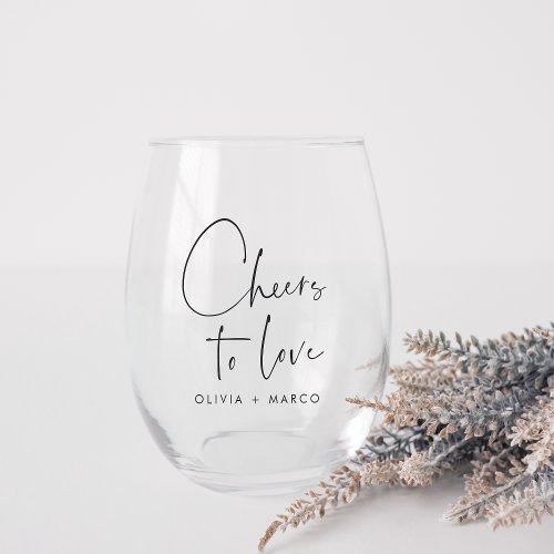 Modern Minimalist Cheers to Love Wedding Favor Stemless Wine Glass