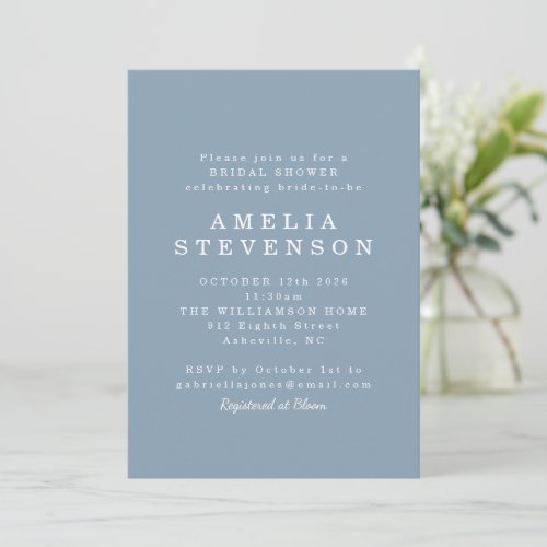 Modern Minimalist Chic Bridal Shower Dusty Blue Invitation