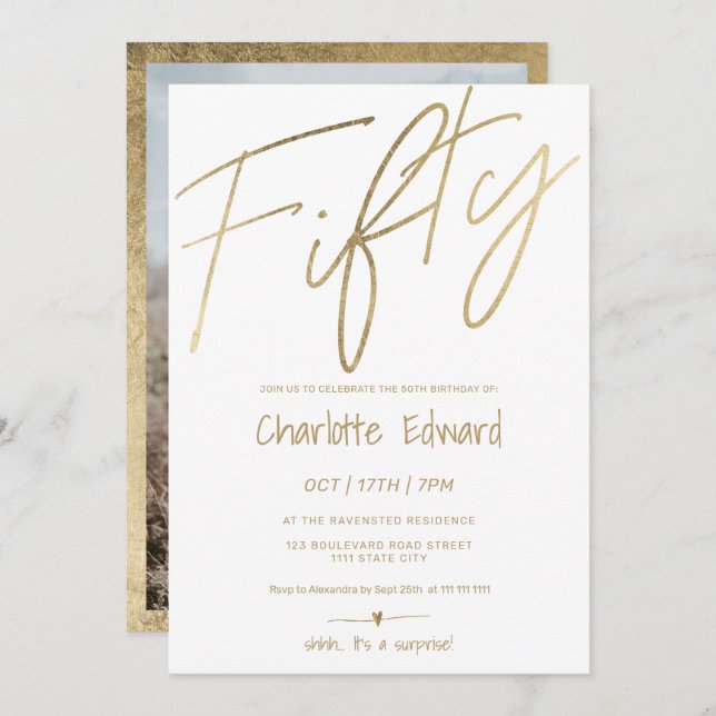 Modern minimalist chic gold photo surprise fifty invitation (Front/Back)