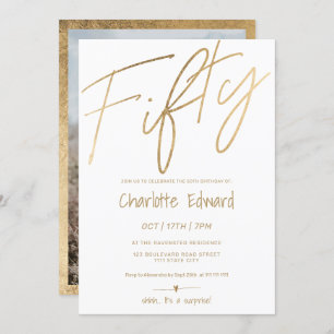 Modern minimalist chic gold photo surprise fifty invitation