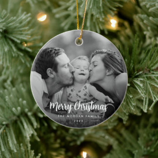 Modern Minimalist Christmas Black and White Photo Ceramic Ornament