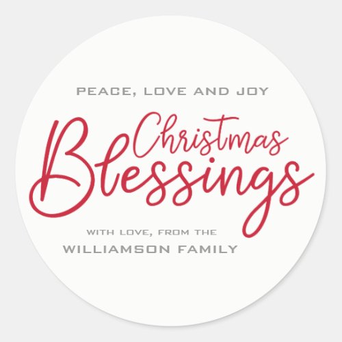 Modern  Minimalist Christmas Blessings Red White Classic Round Sticker