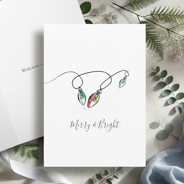 Modern Minimalist Christmas Cards (Watercolor Christmas cards Merry and Bright holiday lights. )