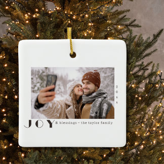 Modern Minimalist Christmas religious Joy Photo Ceramic Ornament