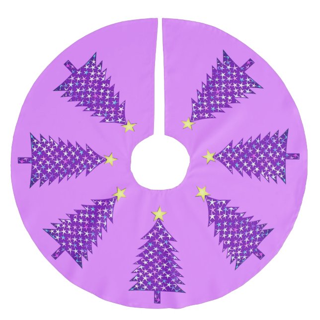 Modern Minimalist Christmas Tree in Purple Stars Brushed Polyester Tree Skirt (Front)