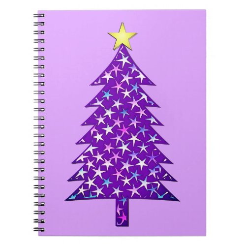 Modern Minimalist Christmas Tree in Purple Stars Notebook