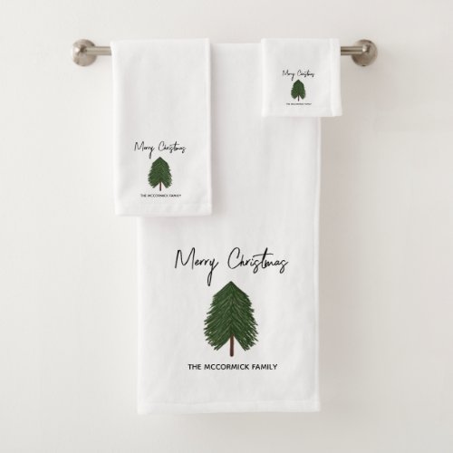 Modern Minimalist Christmas Tree Monogram Custom Bath Towel Set