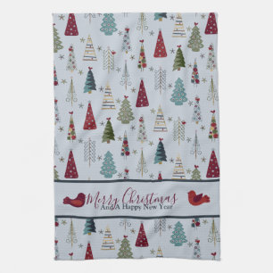 Modern Minimalist Christmas Tree Pattern Blue Red Kitchen Towel