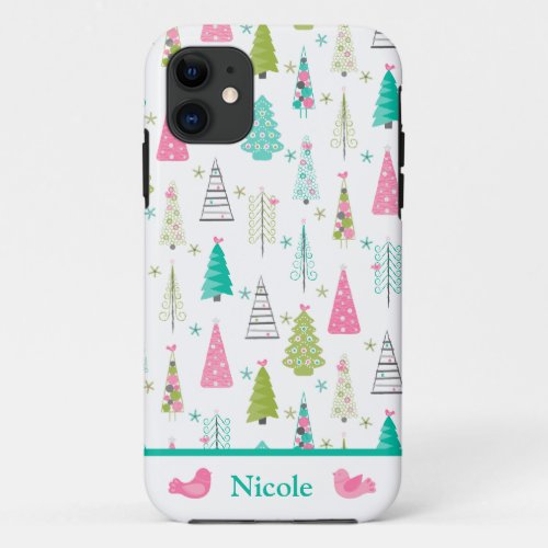 Modern Minimalist Christmas Tree Pattern Pink Teal iPhone 11 Case