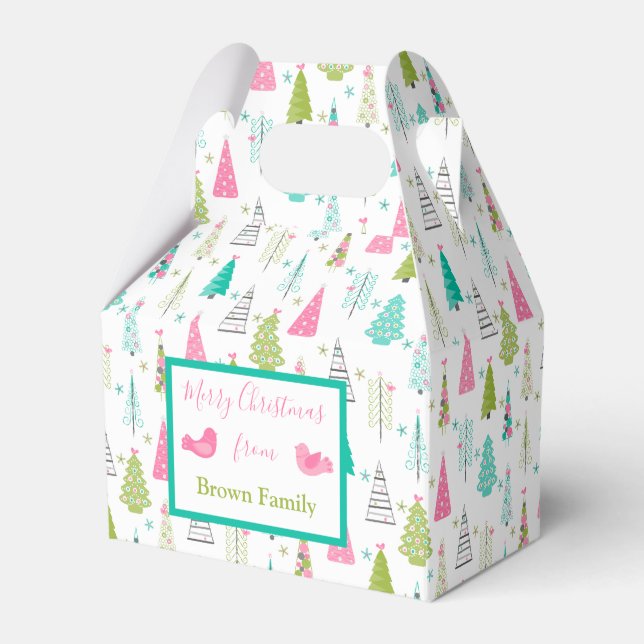Modern Minimalist Christmas Tree Pattern Pink Teal Favor Boxes (Front Side)