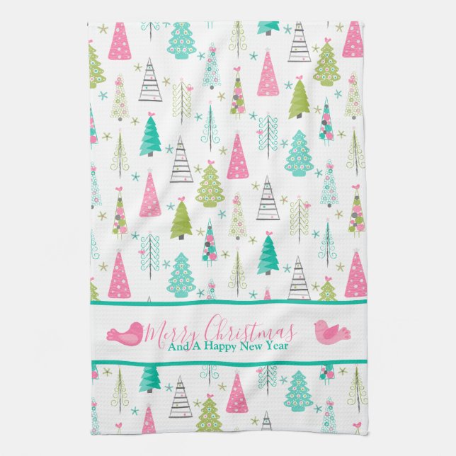 Modern Minimalist Christmas Tree Pattern Pink Teal Kitchen Towel (Vertical)