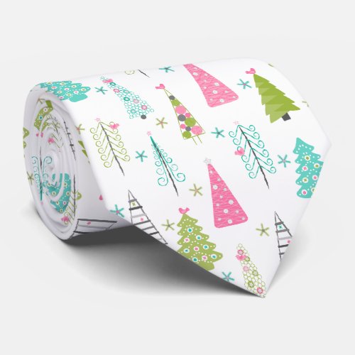 Modern Minimalist Christmas Tree Pattern Pink Teal Neck Tie