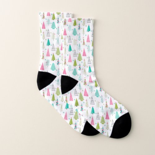 Modern Minimalist Christmas Tree Pattern Pink Teal Socks