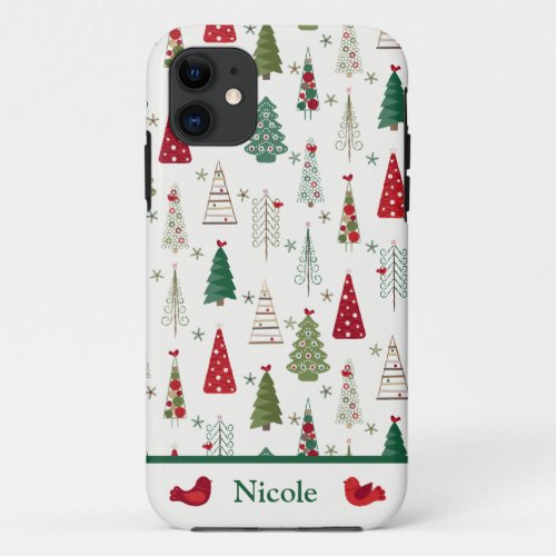 Modern Minimalist Christmas Tree Pattern Red Green iPhone 11 Case