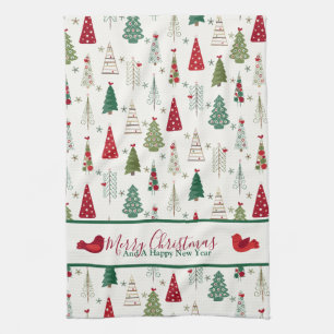 Modern Minimalist Christmas Tree Pattern Red Green Kitchen Towel