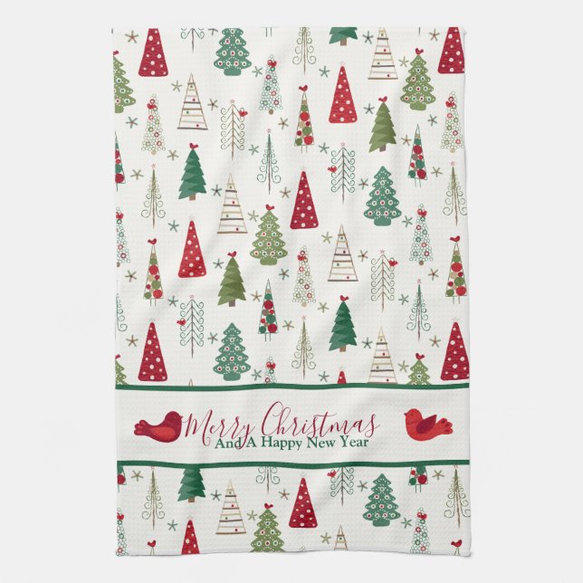 Modern Minimalist Christmas Tree Pattern Red Green Kitchen Towel (Vertical)