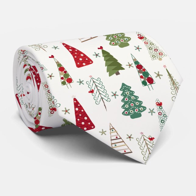 Modern Minimalist Christmas Tree Pattern Red Green Neck Tie (Rolled)