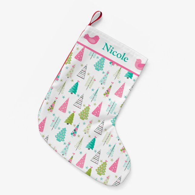 Modern Minimalist Christmas Tree Pink Small Christmas Stocking (Front (Hanging))