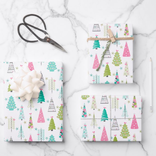 Modern Minimalist Christmas Tree Pink Teal Wrapping Paper Sheets (Front)