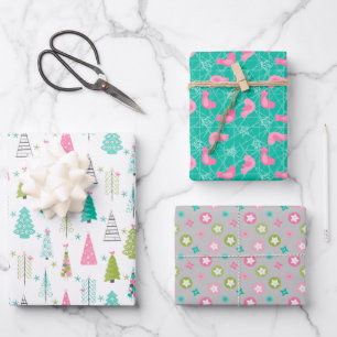 Modern Minimalist Christmas Tree Set Pink Teal Wrapping Paper Sheets
