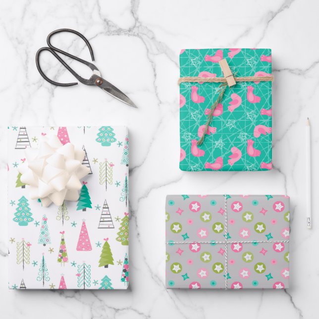 Modern Minimalist Christmas Tree Set Pink Teal Wrapping Paper Sheets (Front)