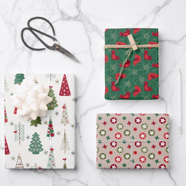 Modern Minimalist Christmas Tree Set Red Green Wrapping Paper Sheets (Front)